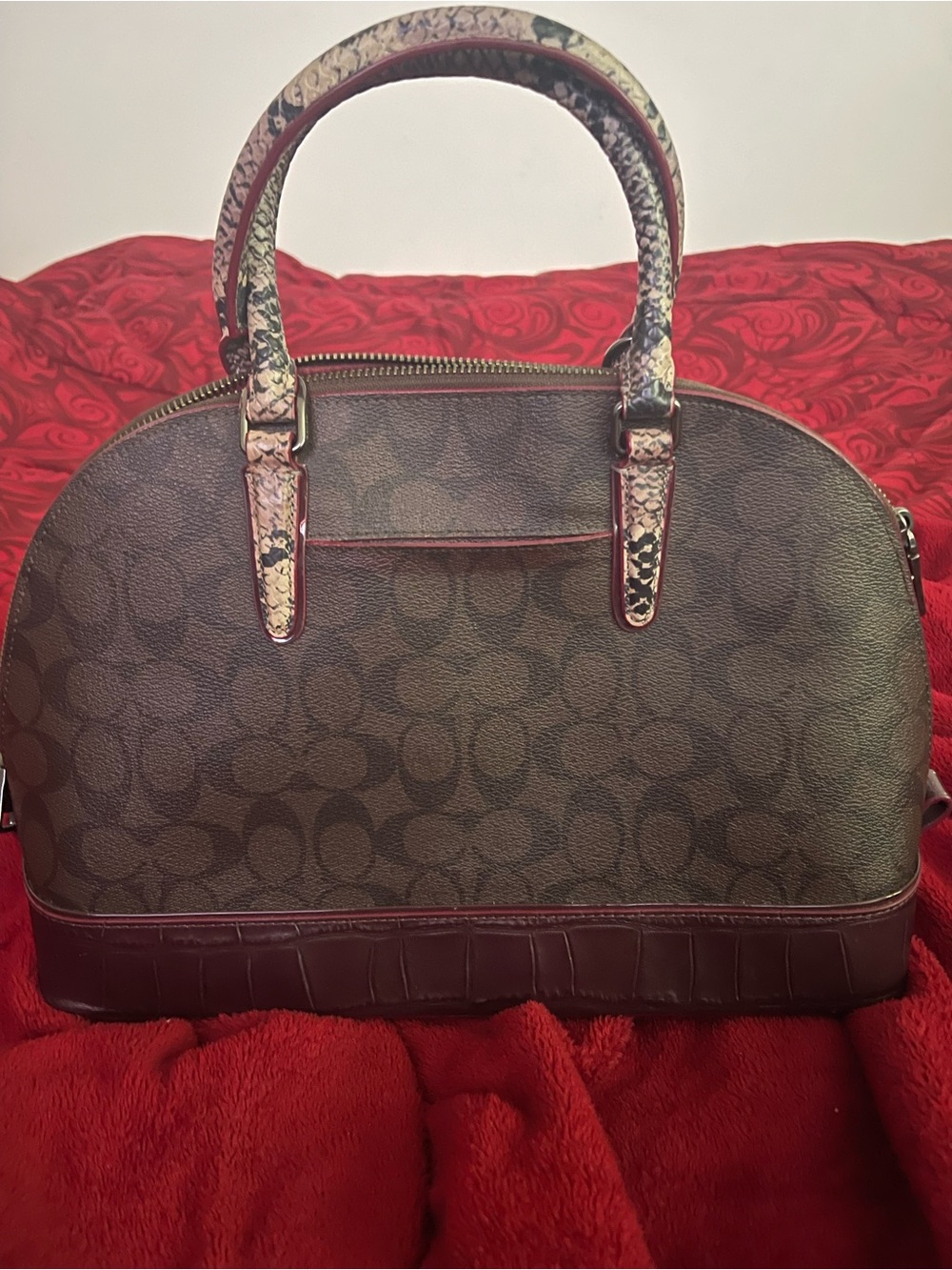 Coach Brown Signature Dome Satchel with Burgundy Trim and Printed Handles - Picture 4 of 7